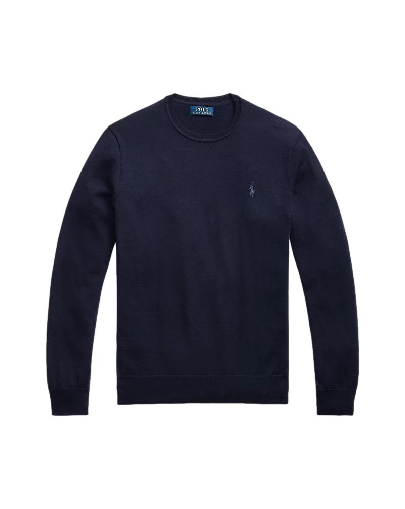 Marineblå Polo Ralph Lauren genser med rund hals, slim fit, av vaskbar ull, perfekt for komfort og stil.