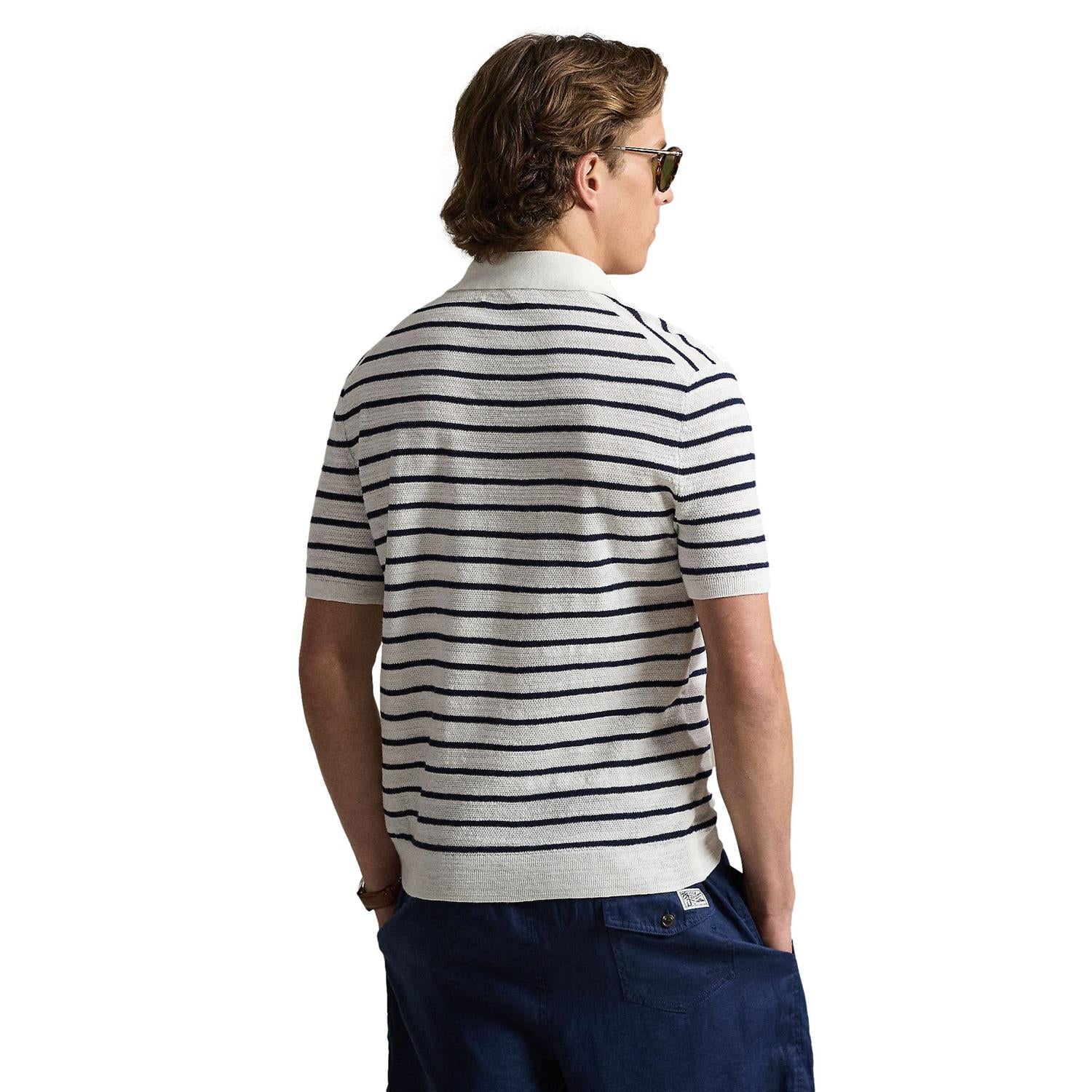 Polo Ralph Lauren stripete bomulls- og lin T-skjorte med polo-krage og raglan-ermer, casual og komfortabel.