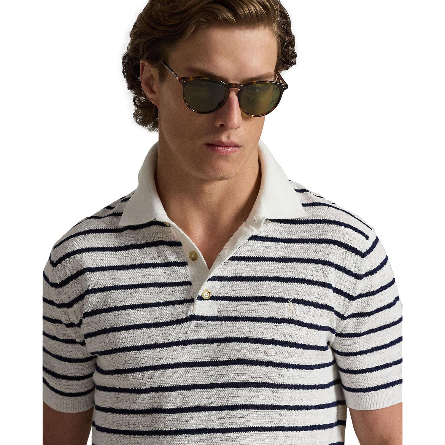 Stripete bomulls- og linpolo T-skjorte fra Polo Ralph Lauren, viser klassisk design og mykt stoff.
