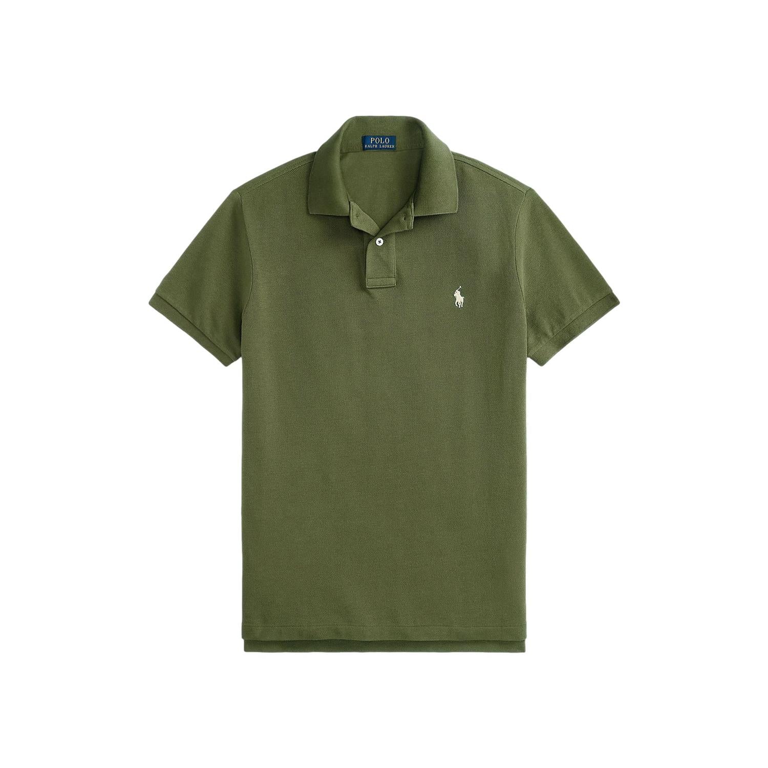 Blågrønn Polo Ralph Lauren mesh polo t-skjorte med klassisk krage og knappestolpe, vist i nærbilde.