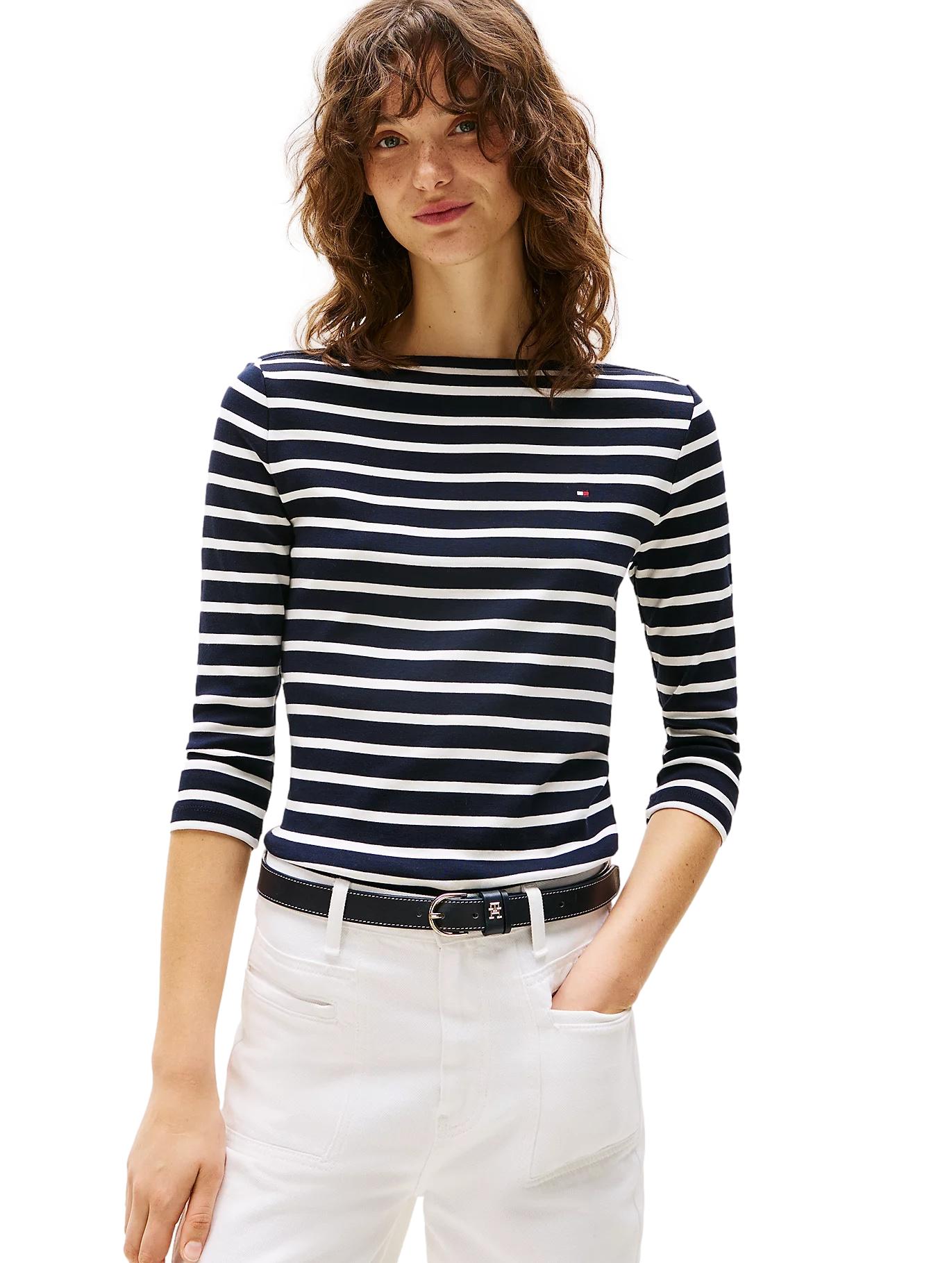 Tommy Hilfiger New Cody Slim Boat genser med 3/4 ermer i marinefarge, vanlig passform, bomullsmateriale, casual stil