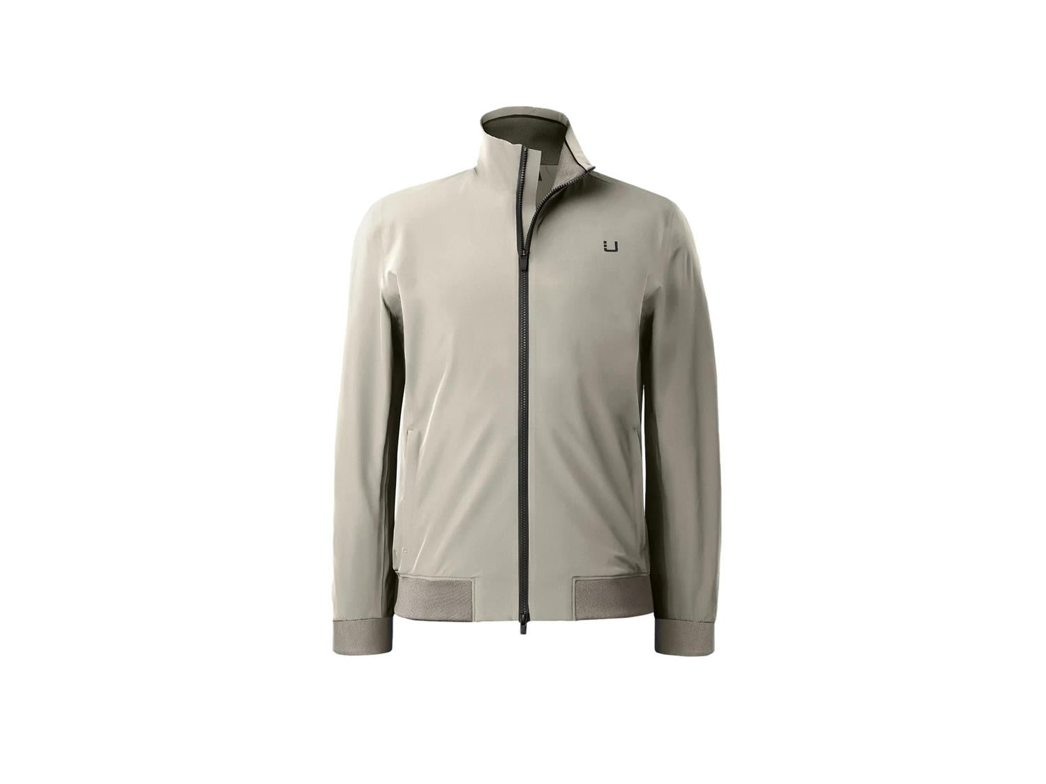 UBR Bullet™ Delta Bomber Jakke i beige med klassisk snitt og komfortabel passform, synlig med glidelås og ribbestrikkede detaljer