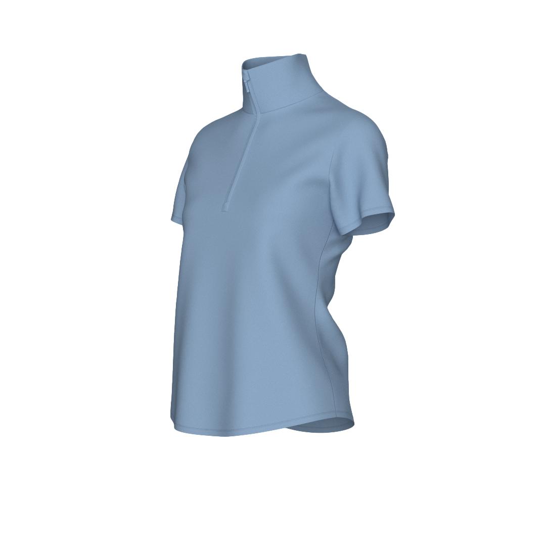 Lyseblå We Norwegians Honar Zipped T-skjorte vist på modell, myk bomullsdesign med glidelås foran.
