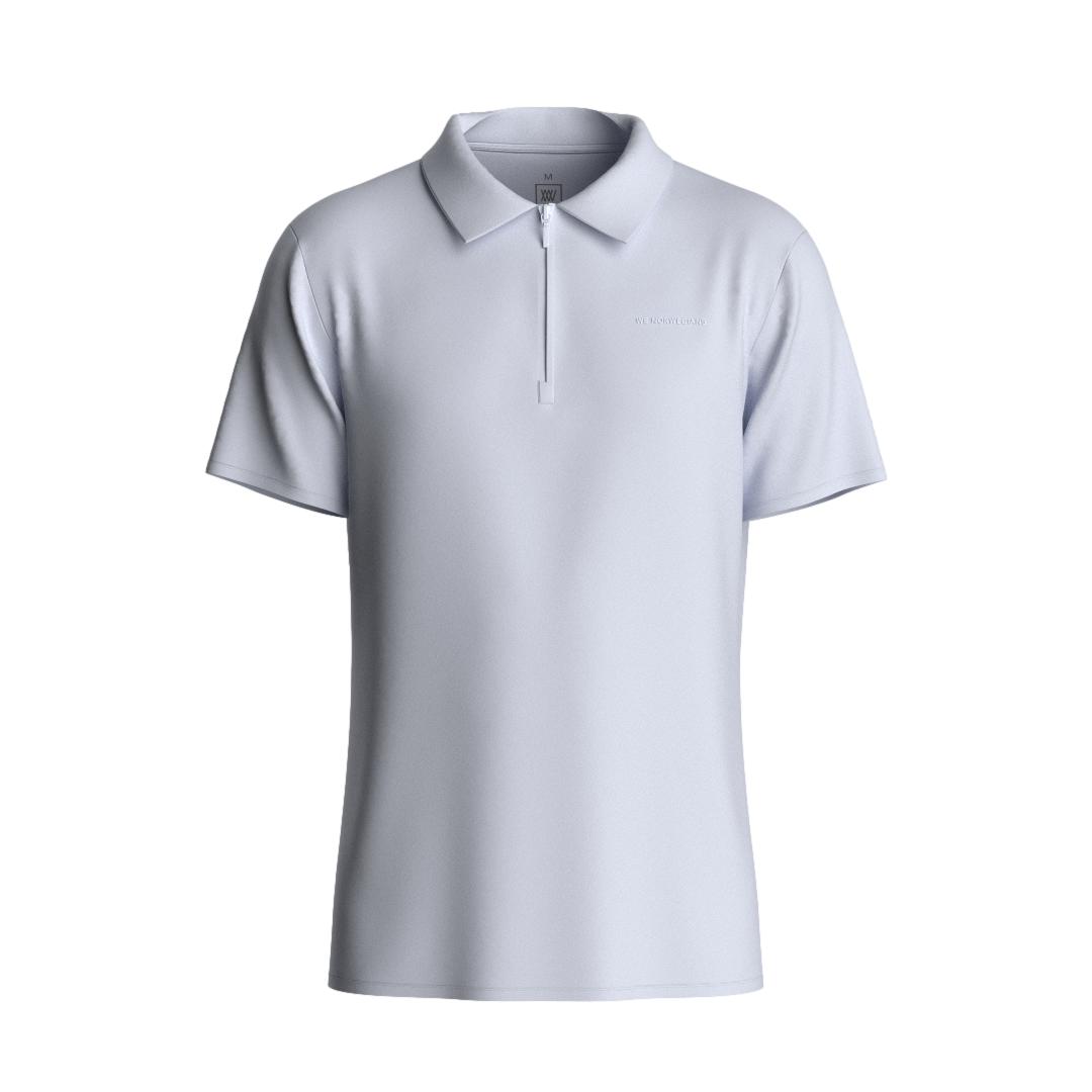 Hvitt We Norwegians Honor Zipped Polo T-skjorte, nærbilde av klassisk polo med glidelås og logo.