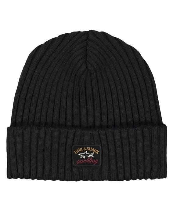 Paul & Shark Ribbed wool beanie with iconic badge Lue Sort - chrismoa.no