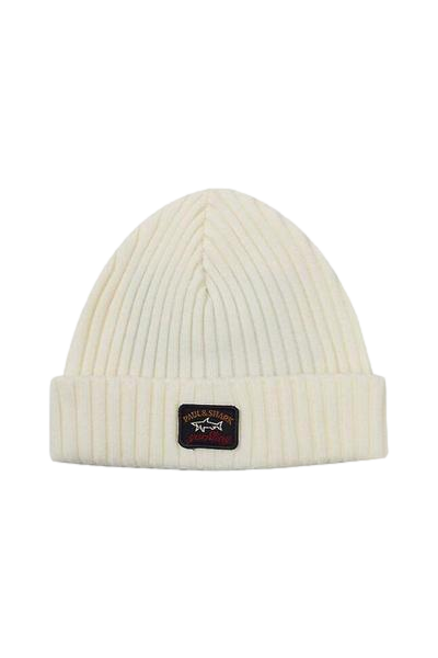Paul & Shark Ribbed wool beanie with iconic badge Lue Off-White - chrismoa.no
